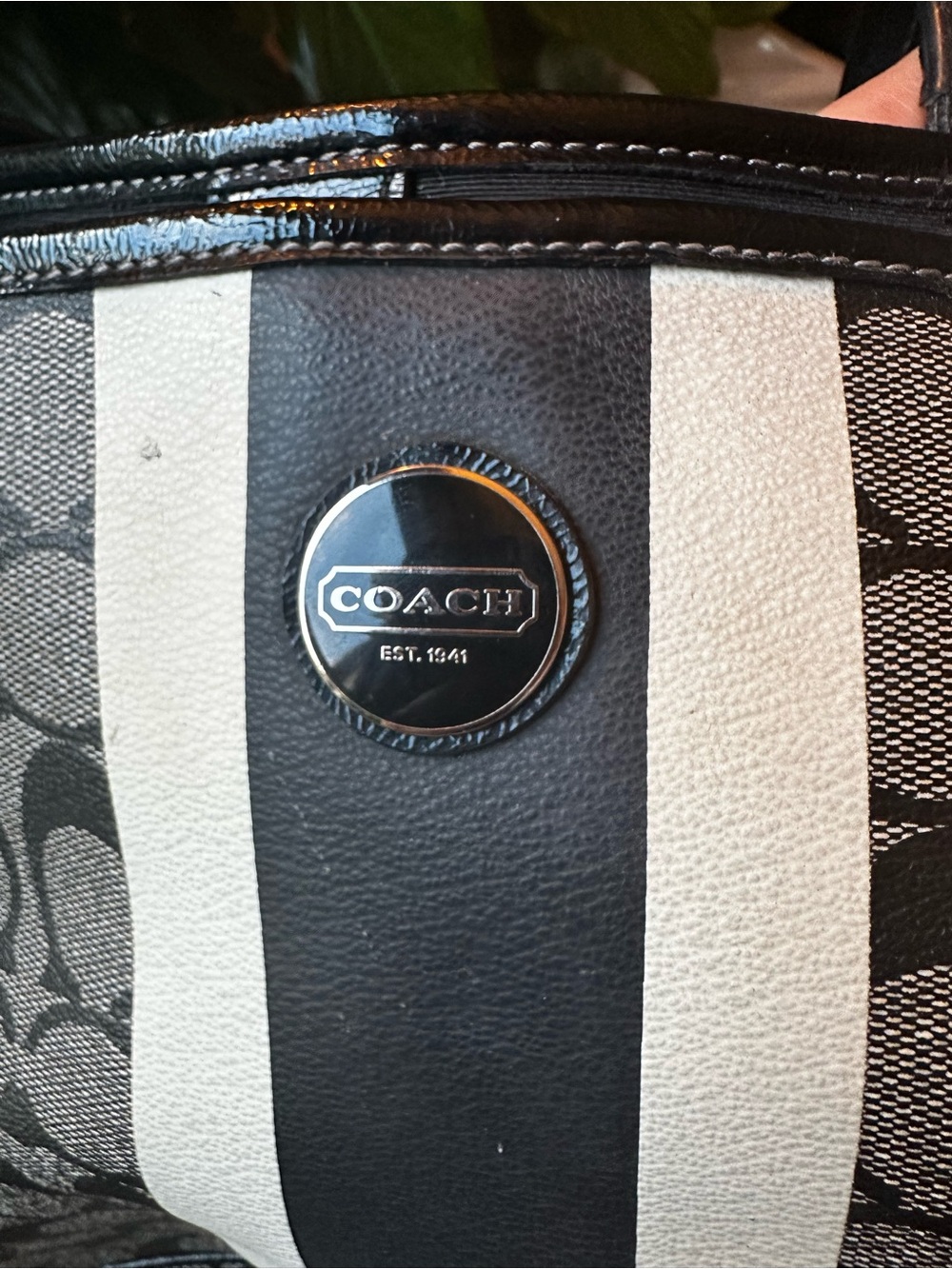Authentic Coach Black, Charcoal & White Signature Stripe Tote - Picture 5 of 8